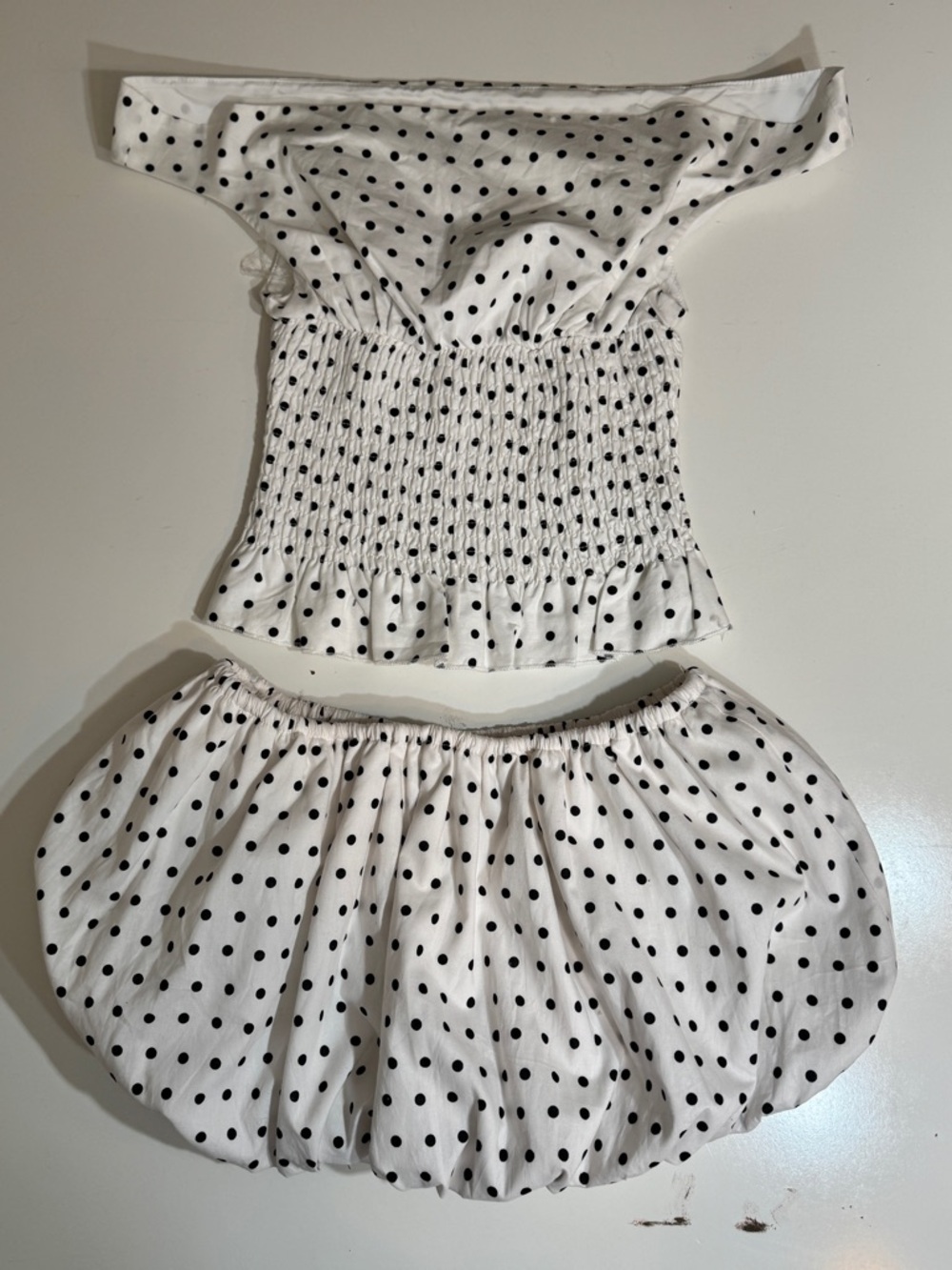 Off-Shoulder Black Dot Smocked Crop Top - Matching Bubble Skirt - Picture 3 of 5